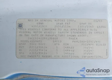 1993 Chevrolet S Truck S10 from USA, damaged, VIN 1GCCS14Z2P8175318